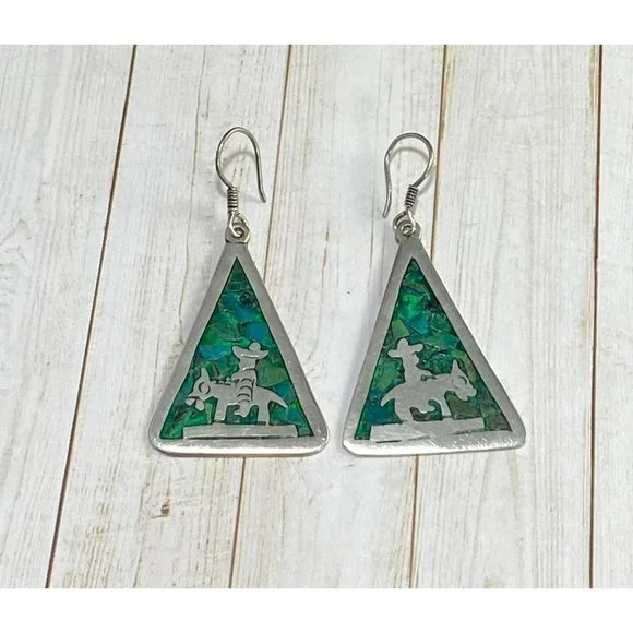 Taxco Mexico 925 Earrings Turquoise Inlay Man Riding Donkey Artist JGC - Picture 2 of 7